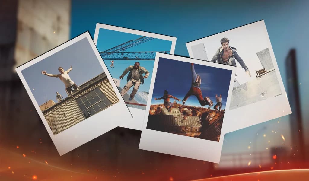 Collage of parkour athletes leaping across rooftops and industrial structures in different cities.