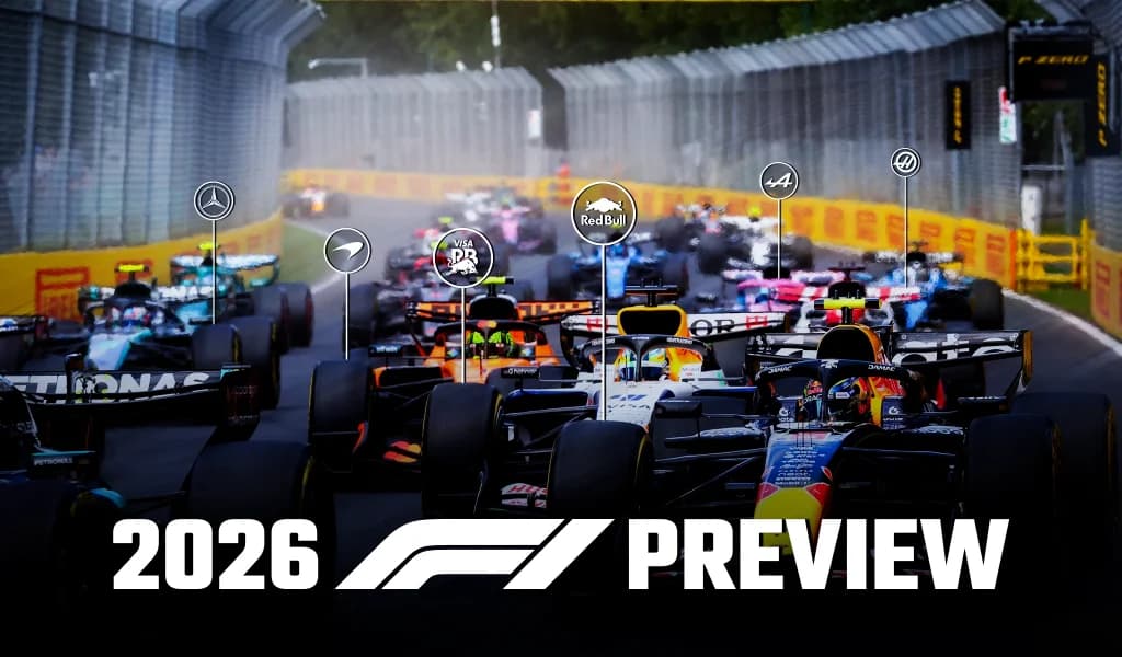 Formula 1 cars racing on a track with team logos and the text “2026 F1 Preview”