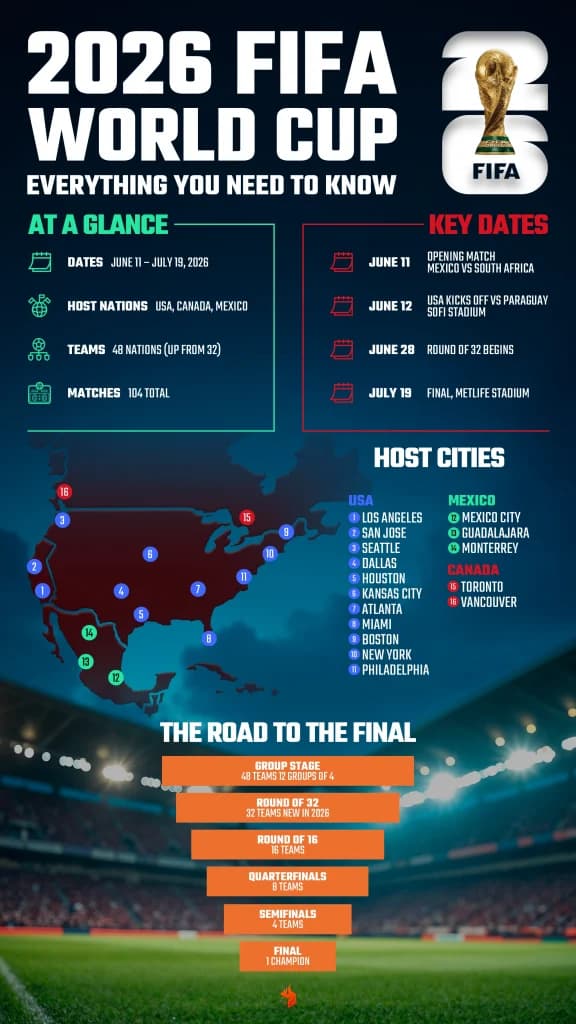 2026 FIFA World Cup infographic showing dates, host nations, key dates, a host-city map, and the knockout road to the final.