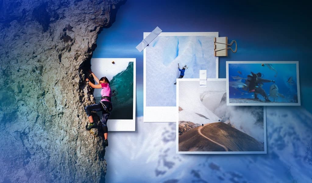 Woman in a pink shirt rock climbing on a cliff, with overlay photos of ice climbing, scuba diving with sharks, and hiking a mountain trail.