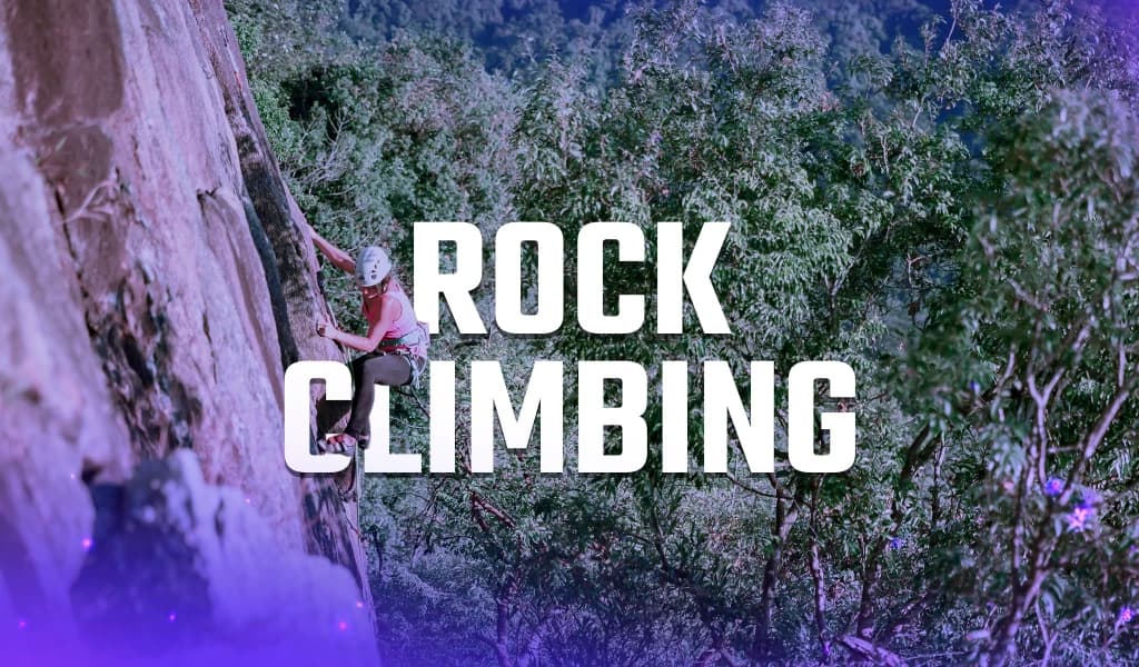 Climber wearing a helmet scaling a vertical rock face surrounded by dense trees.