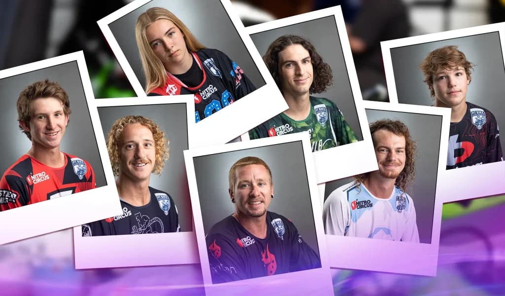 Portrait collage of multiple Pastranaland pit bike riders wearing different racing jerseys arranged in overlapping frames.