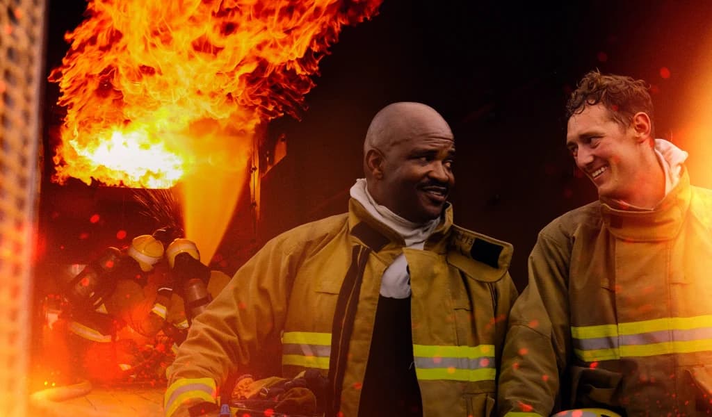 Photo montage showing two firefighters facing each other in the foreground, with two others working amid heavy flames in the background.
