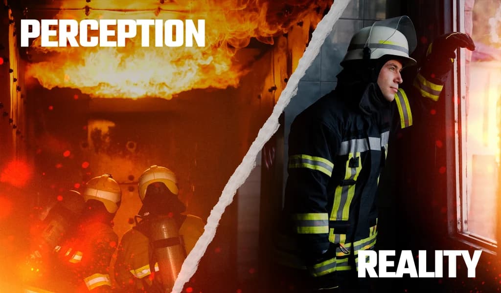 Split scene showing firefighters facing intense flames on one side and a single firefighter standing calmly by a window on the other side.