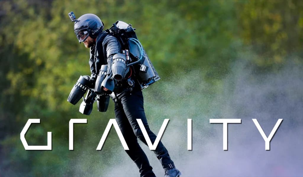 Richard Browning flying using a jet suit, with the GRAVITY Industries logo overlaid.